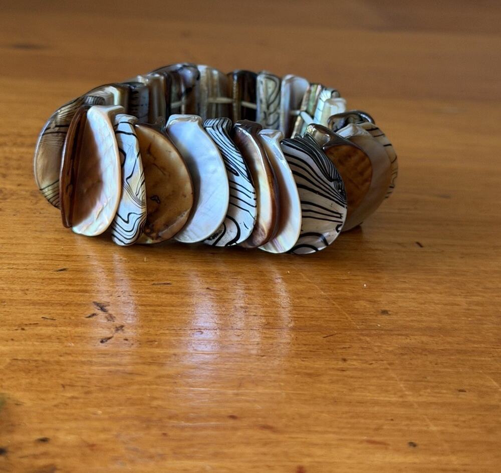 Boho Shell Stretch Bracelet Chunky Brown Cream Statement Jewelry Coastal Resort